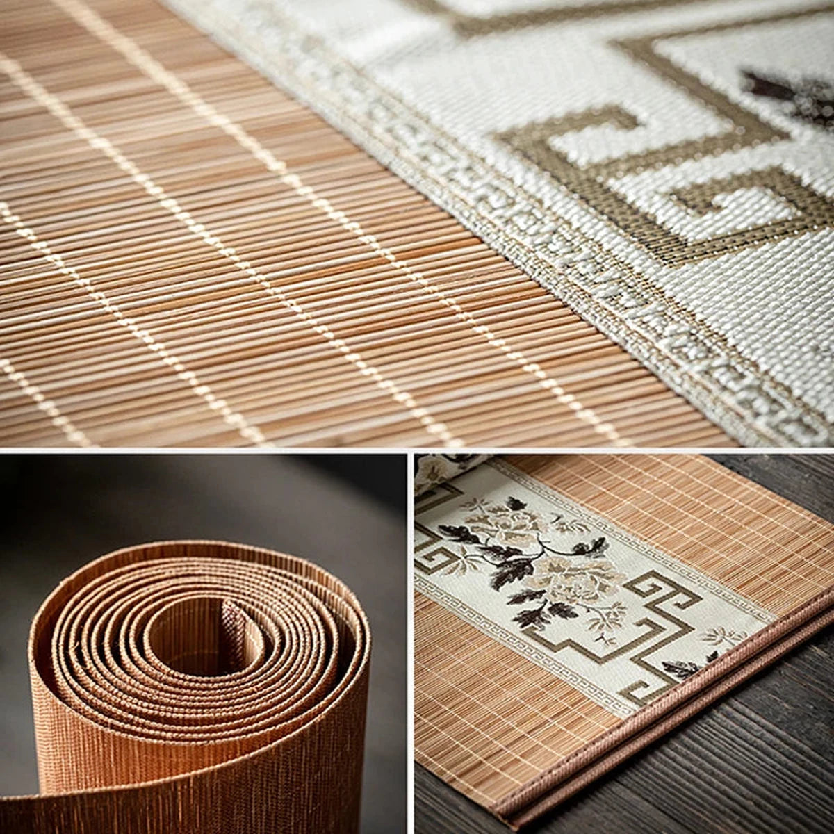Détail du tissage serré du bambou naturel et du chemin de table roulé