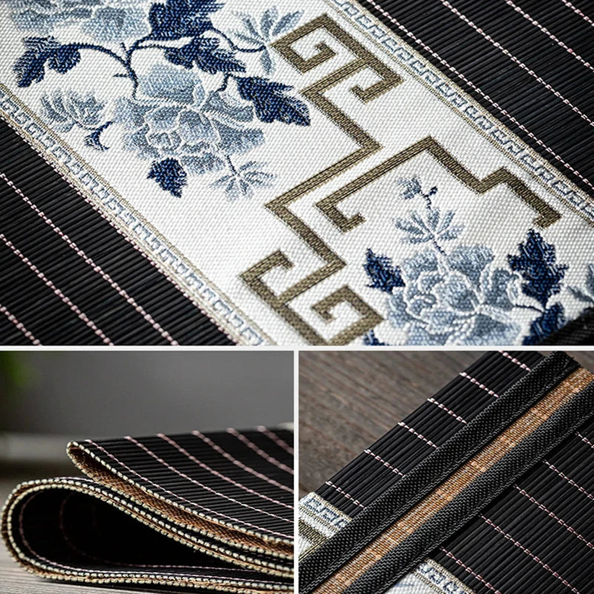 Détail du bandeau brodé écru à fleurs bleues et de la tranche du chemin de table