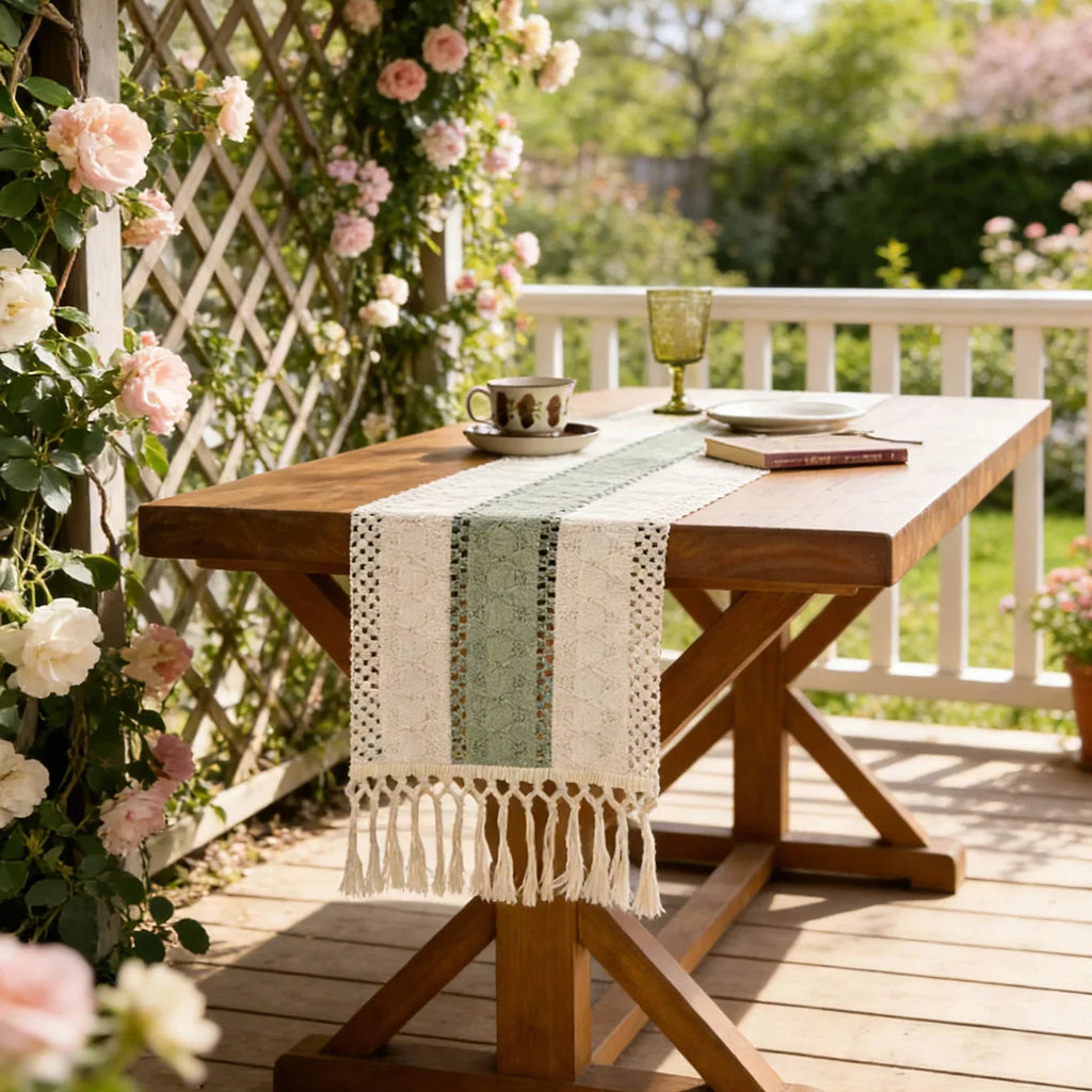 Détail des pampilles du chemin de table en crochet vert sauge