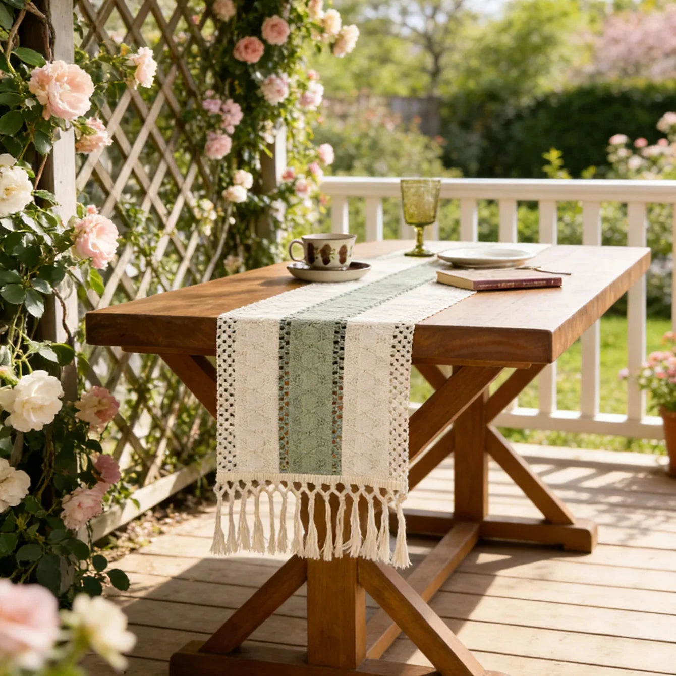 Détail des pampilles du chemin de table en crochet vert sauge