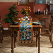 Chemin de table jacquard feuilles multicolores, tissé à pompons