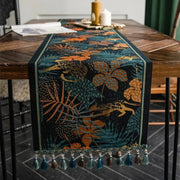 Chemin de table jacquard floral noir, tissé à pompons