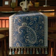 Chemin de table jacquard plumes bleues, tissé à pompons
