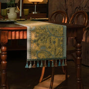 Chemin de table jacquard plumes dorées, tissé à pompons