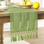 Chemin de table en macramé vert sauge, bohème à franges